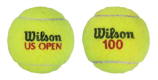 Lot of (2) Roger Federer and Novak Djokovic Match Used US Open Tennis Balls - 2 Match Point Tennis balls (MeiGray)